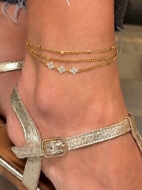 3/$40! 14k Gold Plated Dainty Clover Anklet with Crystal Stones Water Resistant